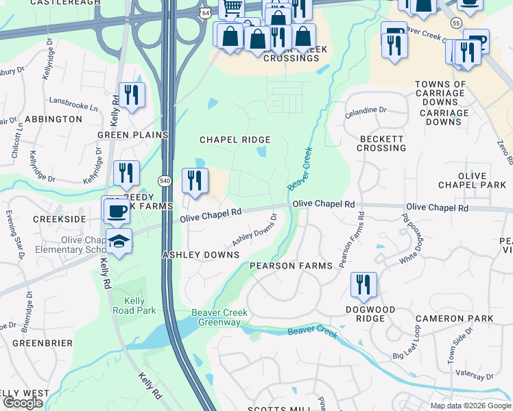 map of restaurants, bars, coffee shops, grocery stores, and more near 1401 Barnside Lane in Apex
