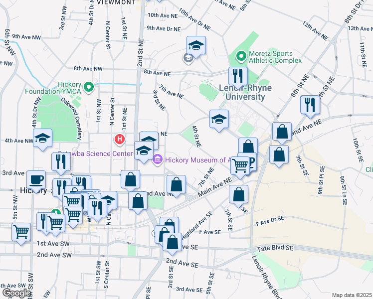 map of restaurants, bars, coffee shops, grocery stores, and more near 434 5th Avenue Northeast in Hickory