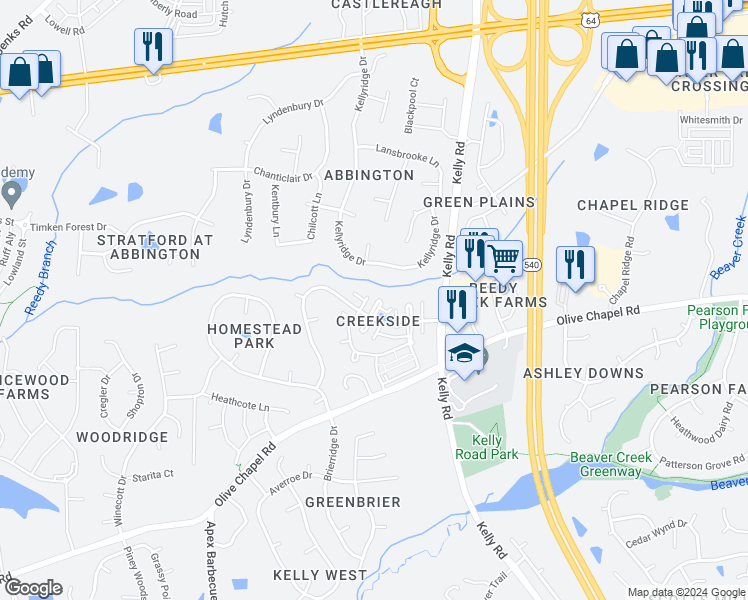 map of restaurants, bars, coffee shops, grocery stores, and more near 212 Windy Creek Lane in Apex