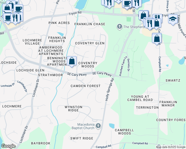 map of restaurants, bars, coffee shops, grocery stores, and more near 113 East Camden Forest Drive in Cary