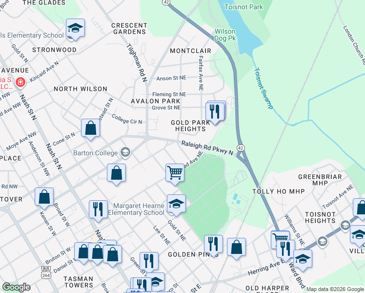 map of restaurants, bars, coffee shops, grocery stores, and more near 616 Caldwell Avenue Northeast in Wilson
