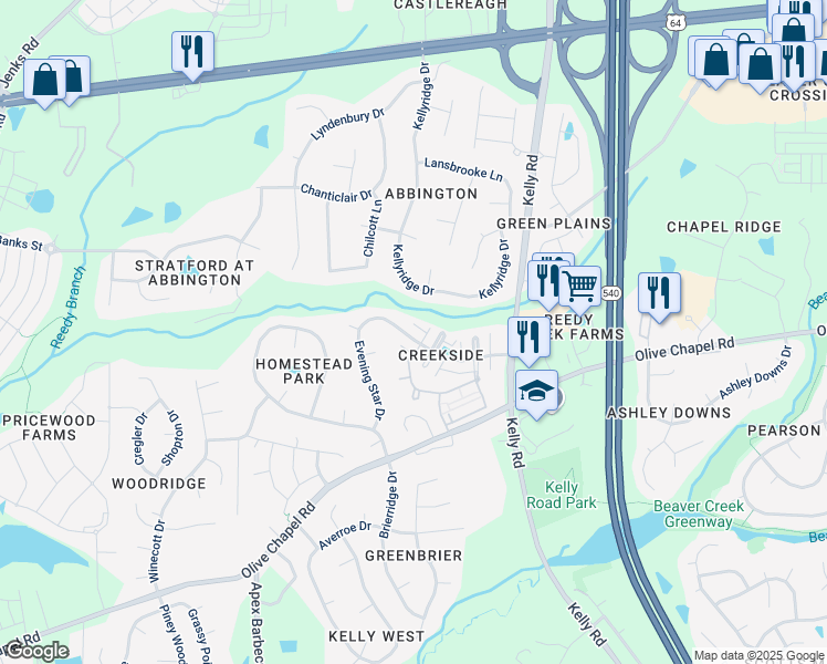 map of restaurants, bars, coffee shops, grocery stores, and more near 404 Evening Star Drive in Apex