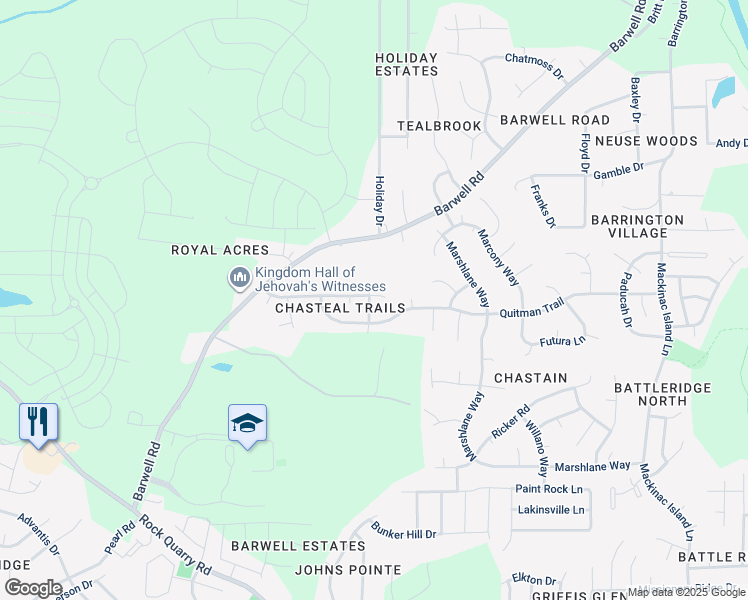 map of restaurants, bars, coffee shops, grocery stores, and more near 5200 Chasteal Trail in Raleigh