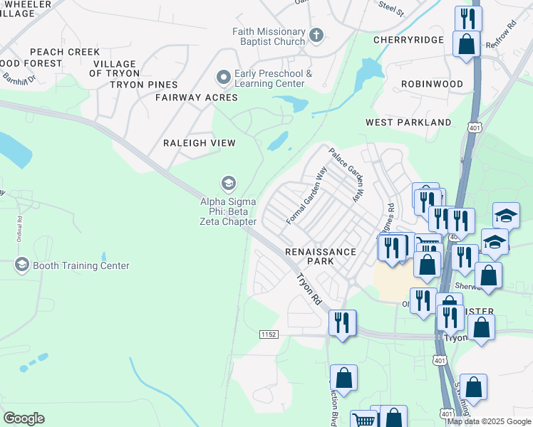 map of restaurants, bars, coffee shops, grocery stores, and more near 3841 Olympia Drive in Raleigh