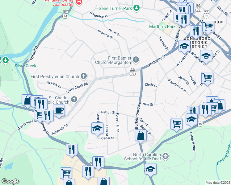 map of restaurants, bars, coffee shops, grocery stores, and more near 120A/D Asheville Street in Morganton