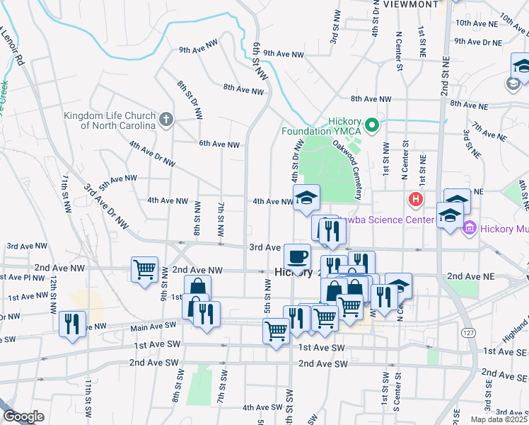 map of restaurants, bars, coffee shops, grocery stores, and more near 367 5th Street Northwest in Hickory