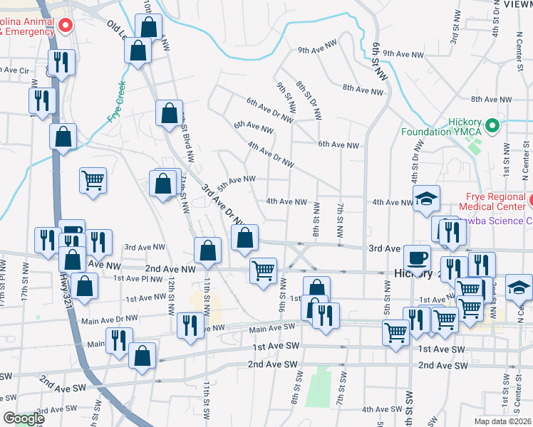 map of restaurants, bars, coffee shops, grocery stores, and more near 323 10th Street Drive Northwest in Hickory