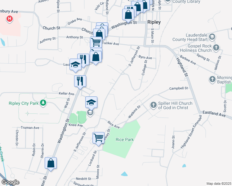 map of restaurants, bars, coffee shops, grocery stores, and more near 211 Williams Street in Ripley