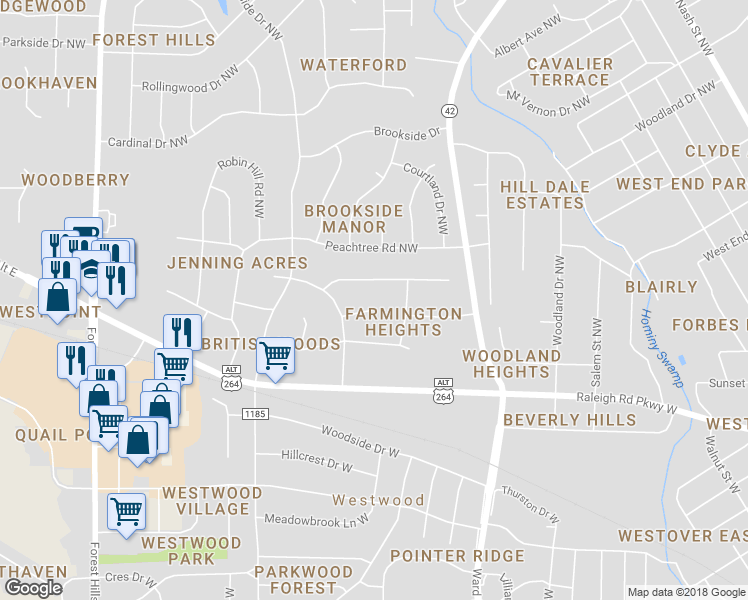 map of restaurants, bars, coffee shops, grocery stores, and more near 1202 Essex Circle Northwest in Wilson
