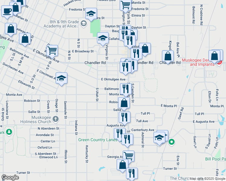 map of restaurants, bars, coffee shops, grocery stores, and more near 2211 Baltimore Avenue in Muskogee