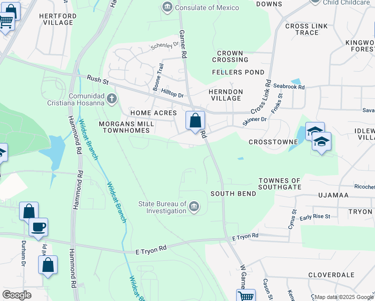 map of restaurants, bars, coffee shops, grocery stores, and more near 408 Raleigh Pines Drive in Raleigh