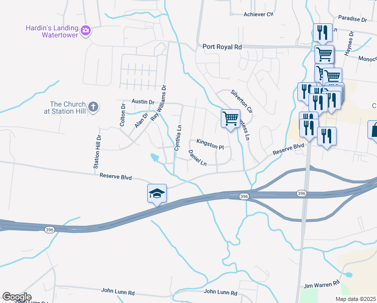map of restaurants, bars, coffee shops, grocery stores, and more near 1023 Daniel Lane in Spring Hill