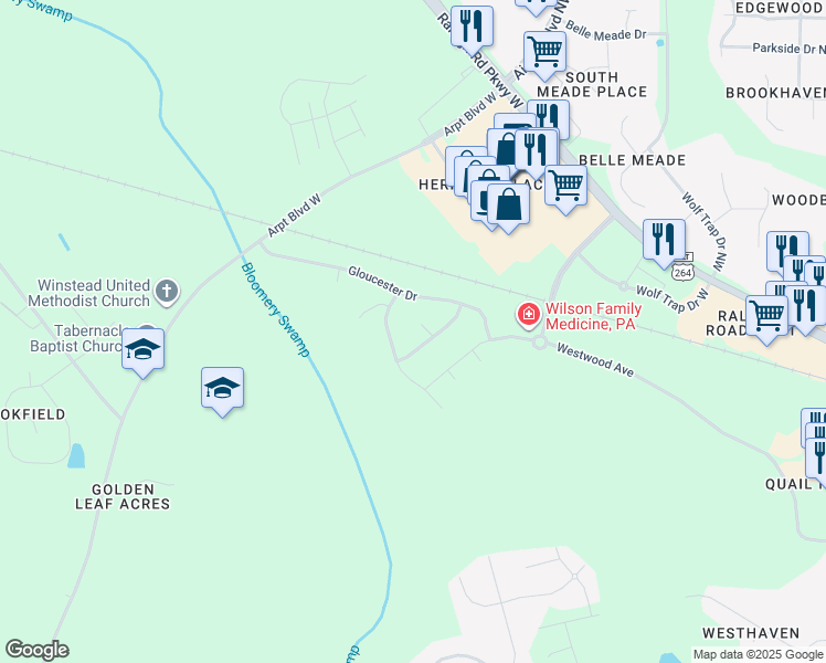 map of restaurants, bars, coffee shops, grocery stores, and more near 3705 Warwick Place in Wilson