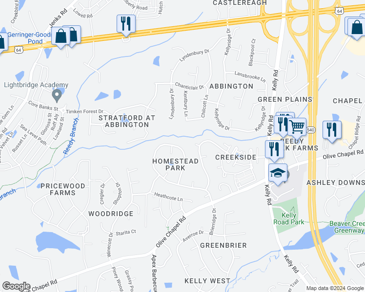 map of restaurants, bars, coffee shops, grocery stores, and more near 908 Homestead Park Drive in Apex