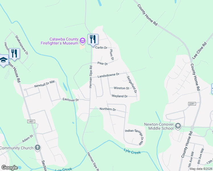 map of restaurants, bars, coffee shops, grocery stores, and more near 3779 Weyland Dr in Conover