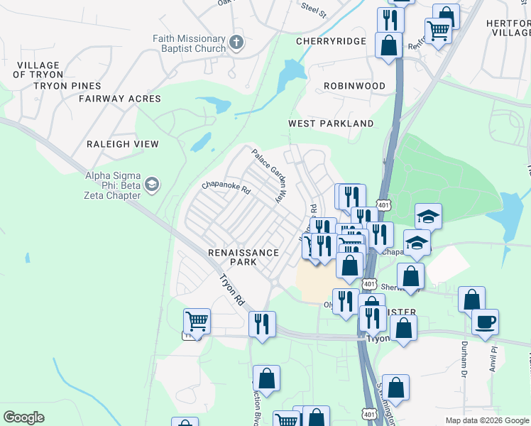 map of restaurants, bars, coffee shops, grocery stores, and more near 1308 Palace Garden Way in Raleigh