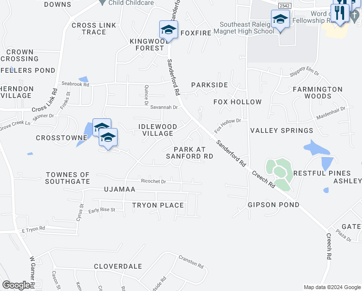 map of restaurants, bars, coffee shops, grocery stores, and more near 3204 Ferdilah Lane in Raleigh