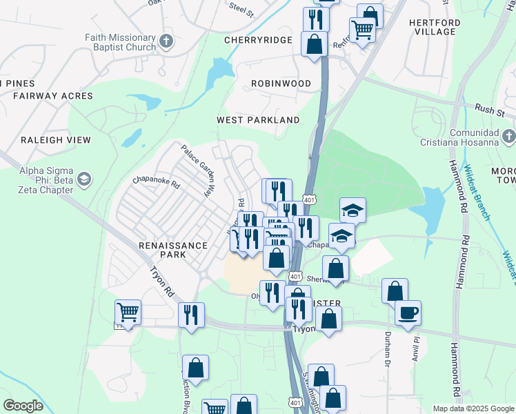 map of restaurants, bars, coffee shops, grocery stores, and more near 1121 Consortium Drive in Raleigh