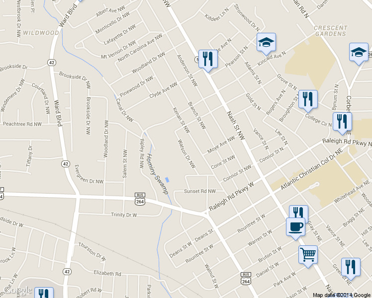 map of restaurants, bars, coffee shops, grocery stores, and more near 1216 Watson Dr NW in Wilson
