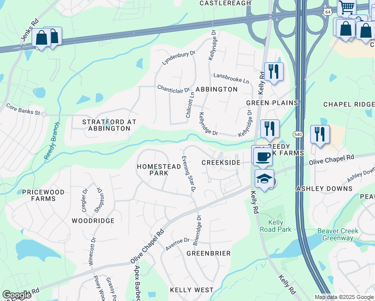 map of restaurants, bars, coffee shops, grocery stores, and more near 301 Evening Star Drive in Apex