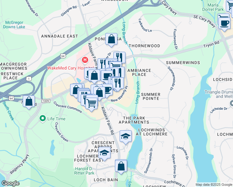 map of restaurants, bars, coffee shops, grocery stores, and more near 102 New Waverly Place in Cary