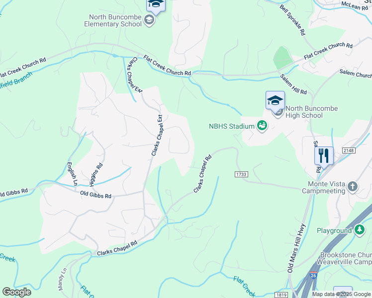 map of restaurants, bars, coffee shops, grocery stores, and more near 45 Chickwood Trail in Weaverville