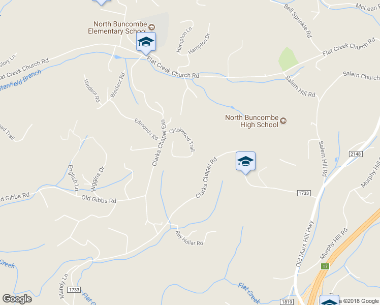 map of restaurants, bars, coffee shops, grocery stores, and more near 45 Chickwood Trail in Weaverville