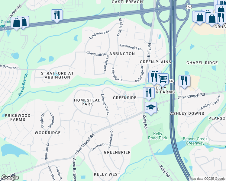 map of restaurants, bars, coffee shops, grocery stores, and more near 405 Evening Star Drive in Apex
