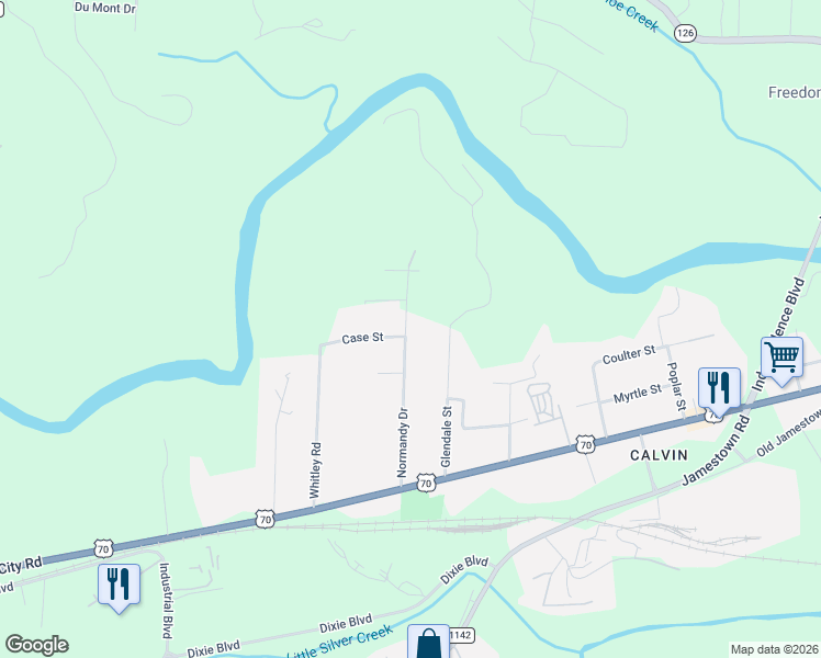 map of restaurants, bars, coffee shops, grocery stores, and more near 100 Normandy Drive in Morganton