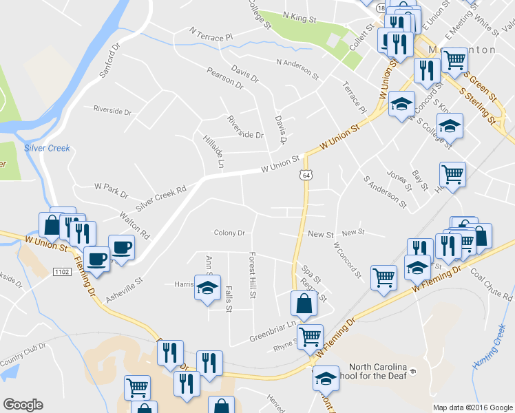 map of restaurants, bars, coffee shops, grocery stores, and more near 120A/D Asheville St in Morganton