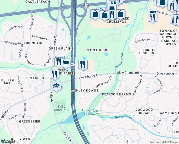 map of restaurants, bars, coffee shops, grocery stores, and more near 1480 Chapel Ridge Road in Apex