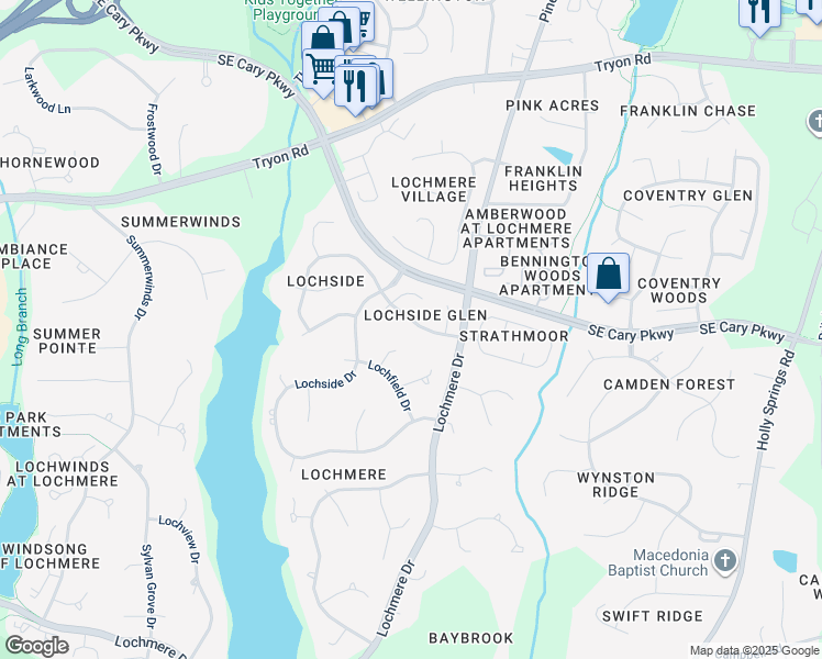 map of restaurants, bars, coffee shops, grocery stores, and more near 206 Coltsgate Drive in Cary
