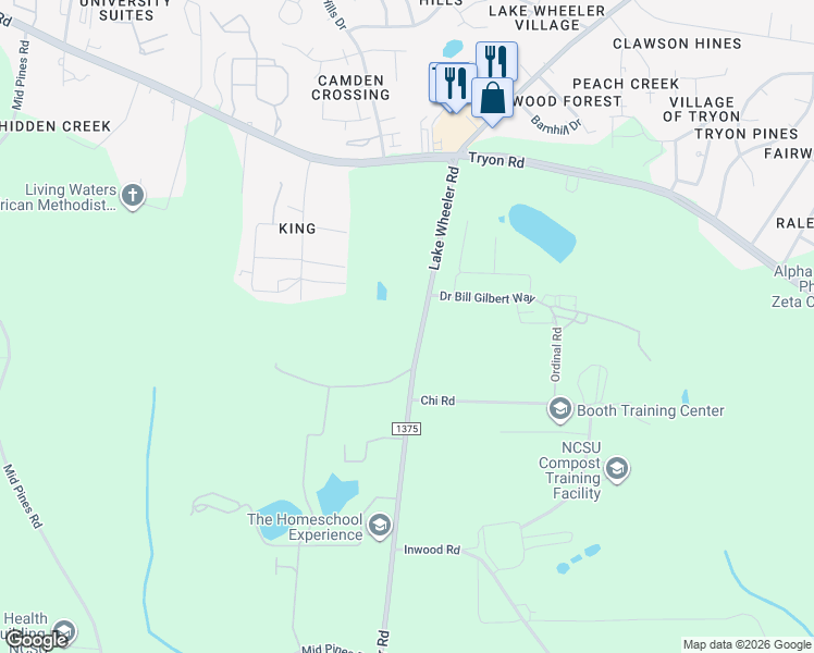 map of restaurants, bars, coffee shops, grocery stores, and more near 3116 Lake Wheeler Road in Raleigh