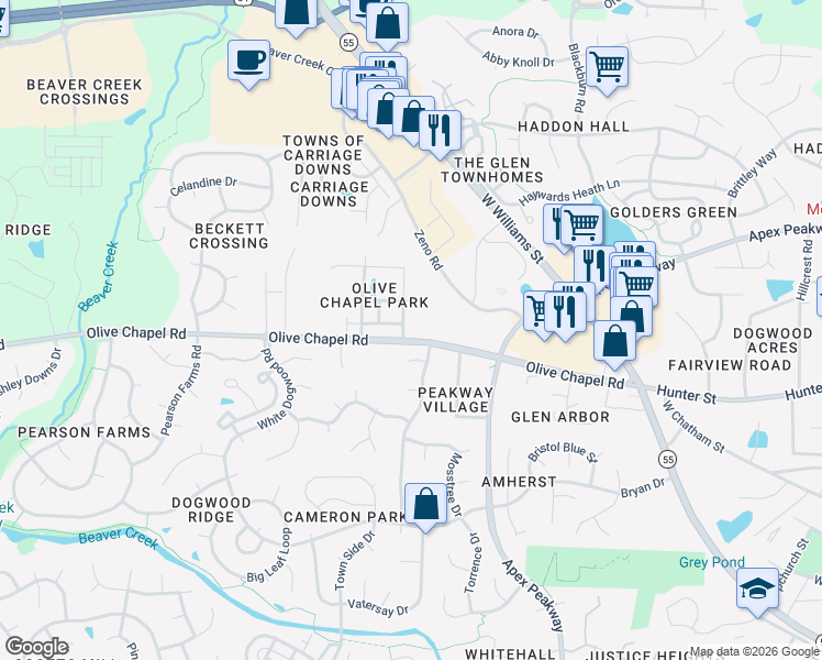 map of restaurants, bars, coffee shops, grocery stores, and more near 1207 Alsace Dr in Apex