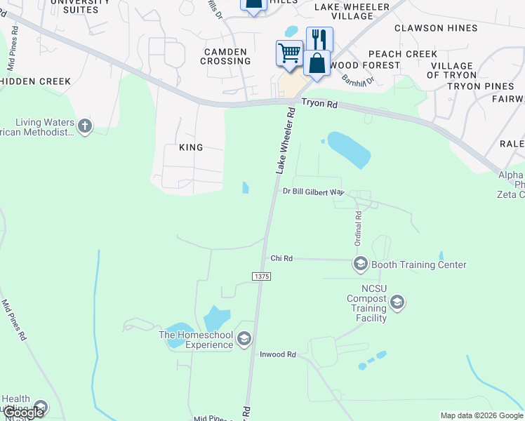 map of restaurants, bars, coffee shops, grocery stores, and more near 3116 Lake Wheeler Road in Raleigh