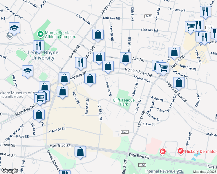 map of restaurants, bars, coffee shops, grocery stores, and more near 39 10th Street Northeast in Hickory