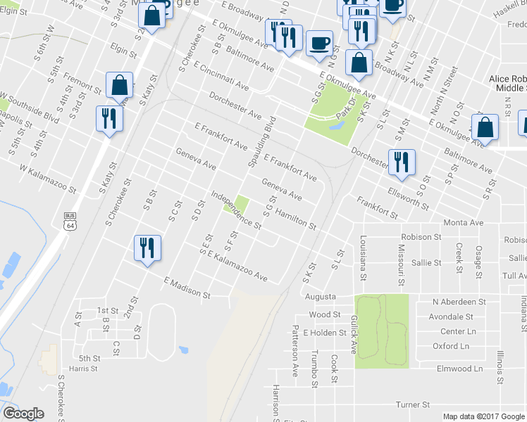 map of restaurants, bars, coffee shops, grocery stores, and more near 801 South G Street in Muskogee