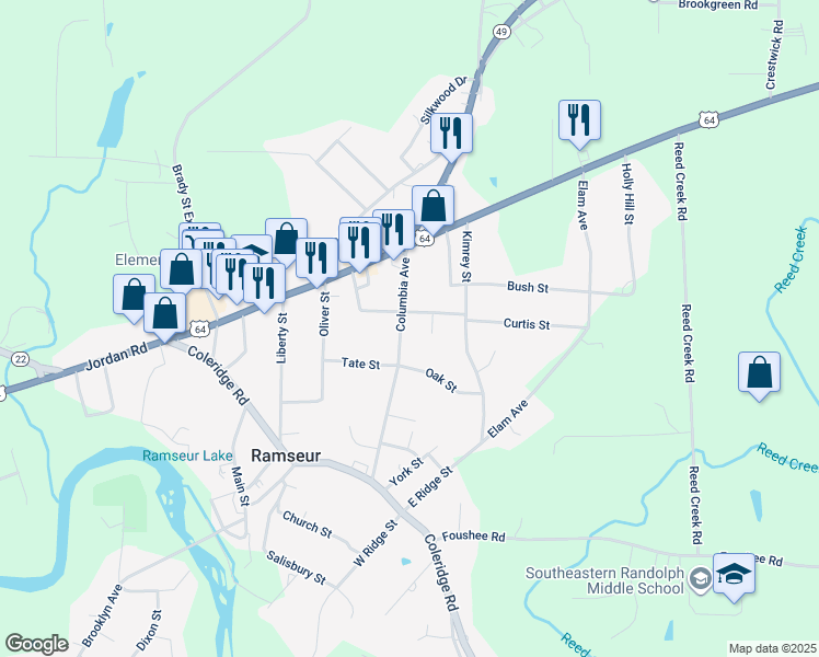map of restaurants, bars, coffee shops, grocery stores, and more near 513 Columbia Avenue in Ramseur