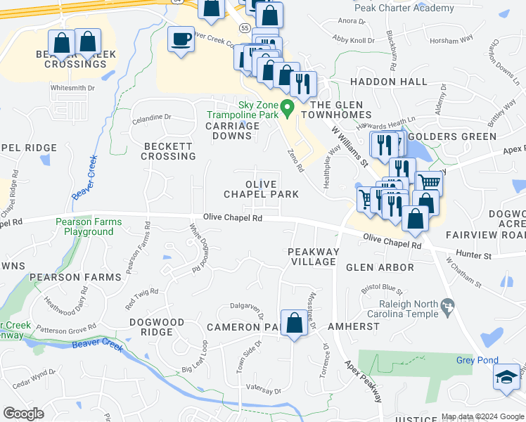 map of restaurants, bars, coffee shops, grocery stores, and more near 1784 Pierre Place in Apex