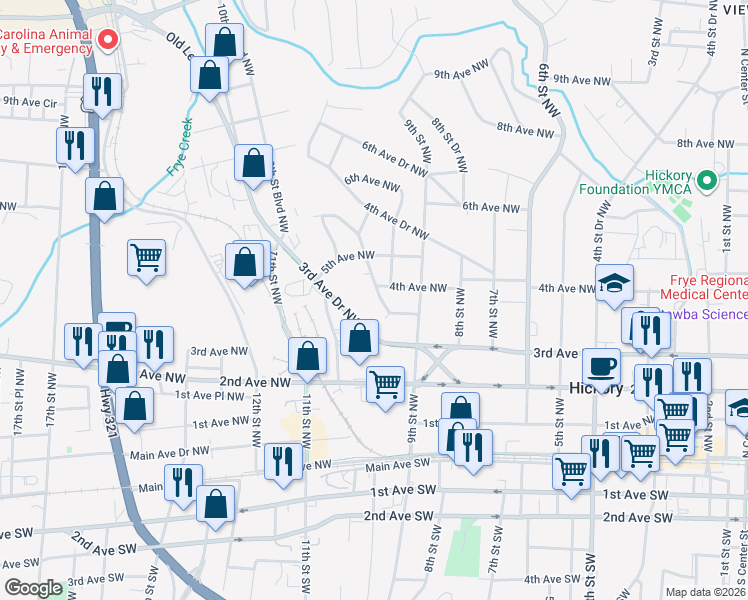 map of restaurants, bars, coffee shops, grocery stores, and more near 323 10th Street Drive Northwest in Hickory