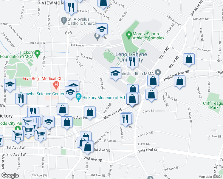 map of restaurants, bars, coffee shops, grocery stores, and more near 621 5th Ave NE in Hickory
