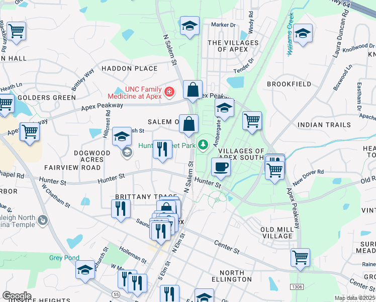 map of restaurants, bars, coffee shops, grocery stores, and more near 613 North Salem Street in Apex