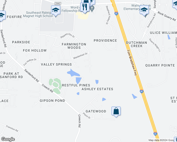 map of restaurants, bars, coffee shops, grocery stores, and more near 3004 Colson Drive in Garner
