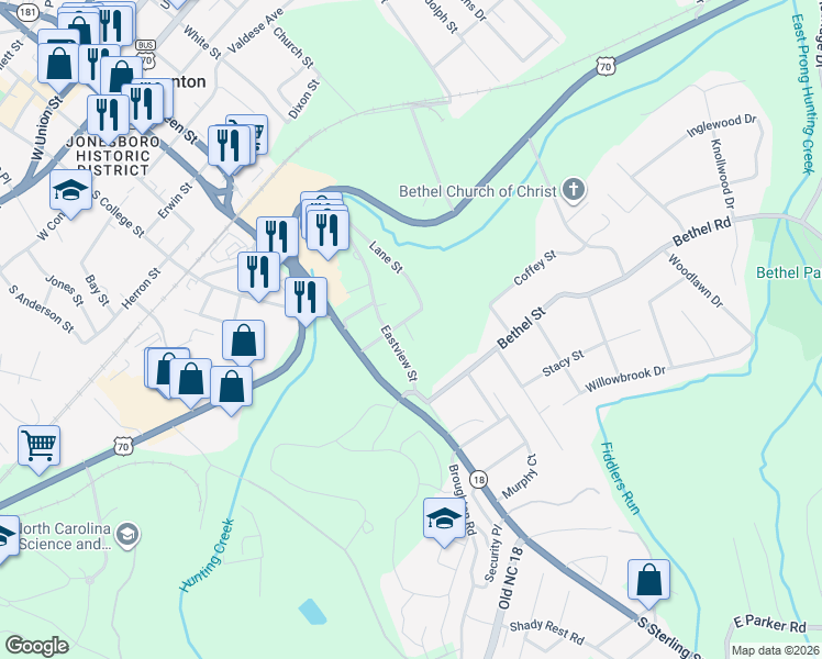 map of restaurants, bars, coffee shops, grocery stores, and more near 206 Forest Street in Morganton