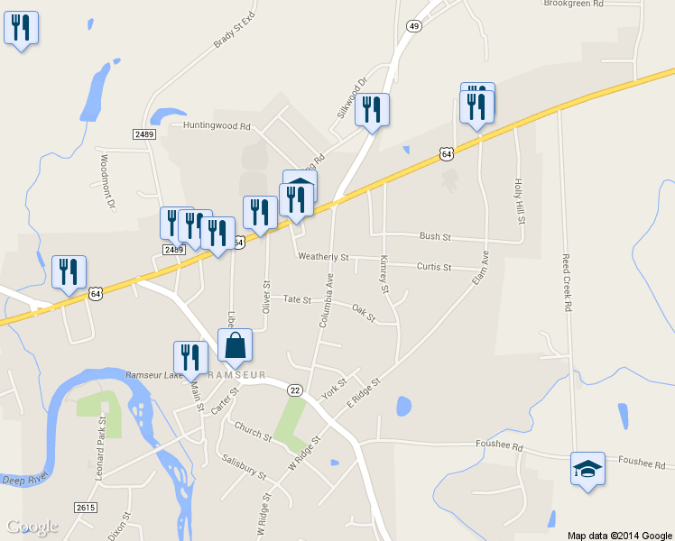 map of restaurants, bars, coffee shops, grocery stores, and more near 513 Columbia Avenue in Ramseur