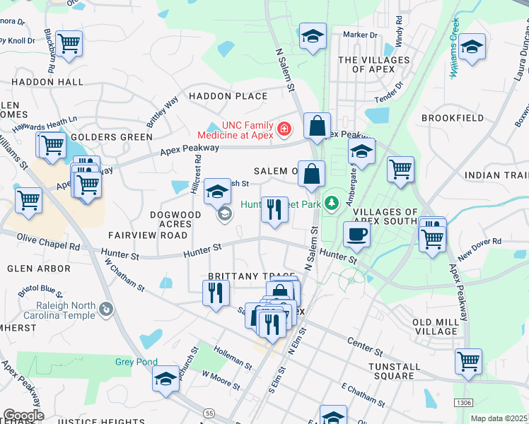 map of restaurants, bars, coffee shops, grocery stores, and more near 214 Fairdale Court in Apex