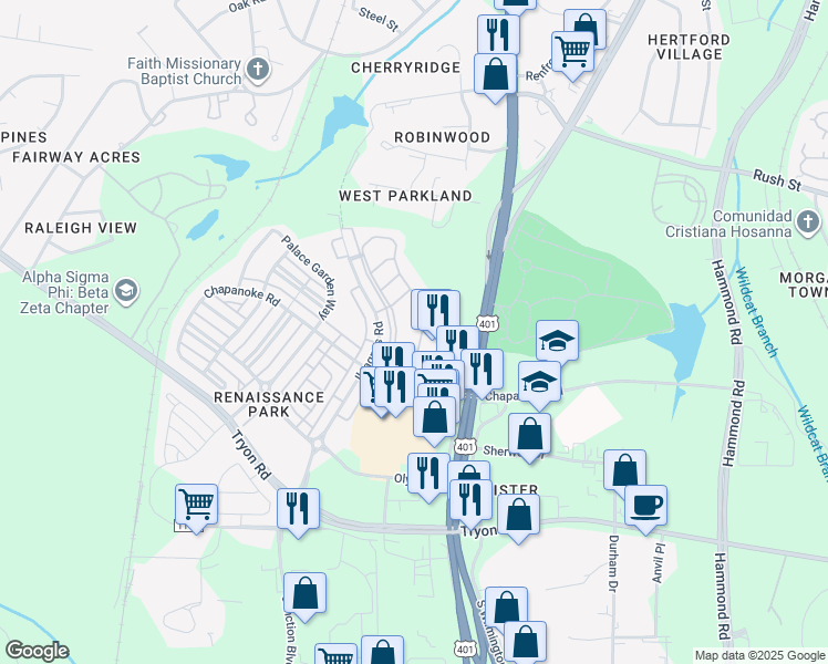 map of restaurants, bars, coffee shops, grocery stores, and more near 1120 Renewal Place in Raleigh