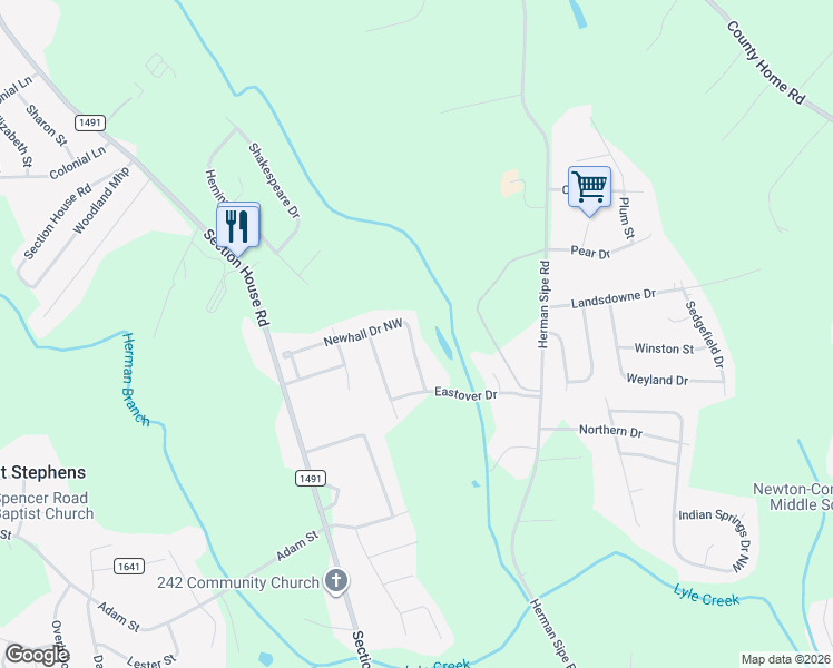 map of restaurants, bars, coffee shops, grocery stores, and more near 3822 Newhall Drive Northwest in Conover