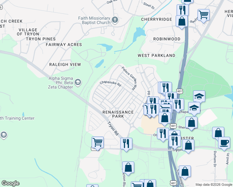 map of restaurants, bars, coffee shops, grocery stores, and more near 1324 Revolution Circle in Raleigh