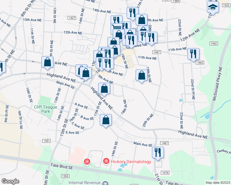 map of restaurants, bars, coffee shops, grocery stores, and more near 814 17th St NE in Hickory